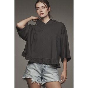 Pilcro Ruffled Hooded Top Anthropologie Womens 1X Gray Relaxed Cropped Boho Easy